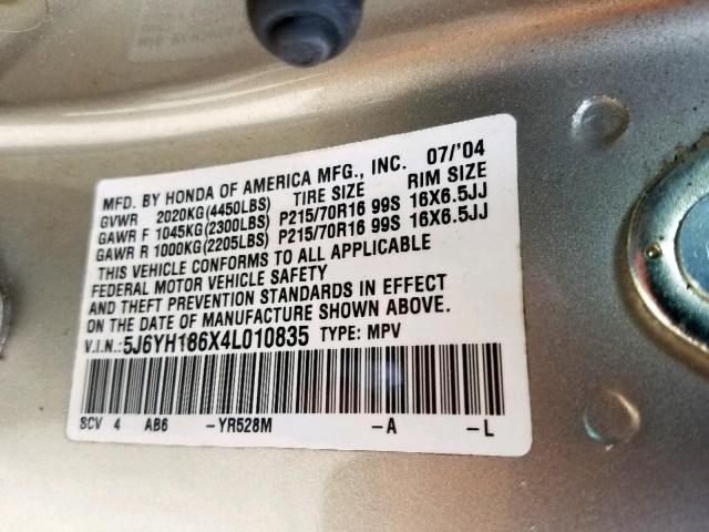 5J6YH186X4L010835 - 2004 HONDA ELEMENT EX SILVER photo 10