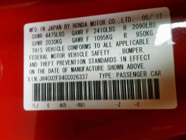 JH4CU2F84CC026337 - 2012 ACURA TSX SE RED photo 10