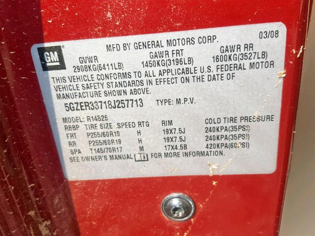 5GZER33718J257713 - 2008 SATURN OUTLOOK XR წითელი ფოტო 10