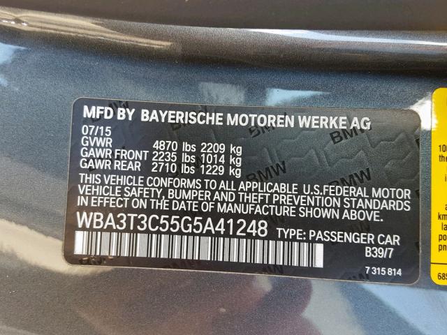 WBA3T3C55G5A41248 - 2016 BMW 435 I CHARCOAL photo 10