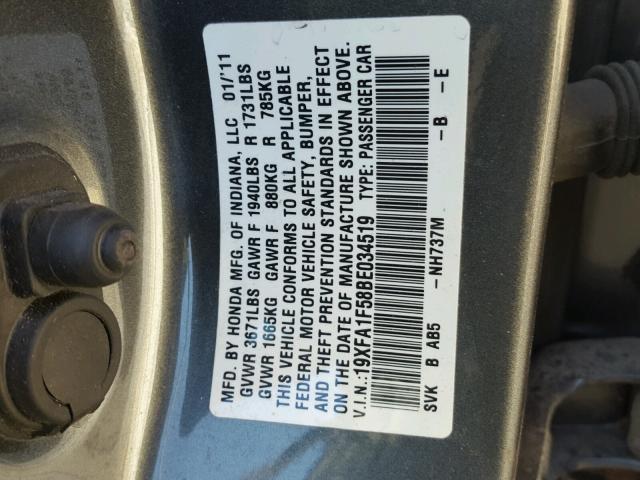 19XFA1F58BE034519 - 2011 HONDA CIVIC LX GRAY photo 10