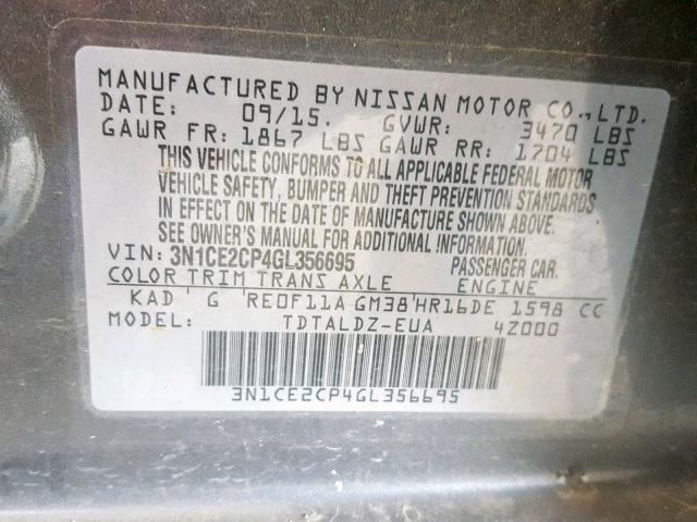 3N1CE2CP4GL356695 - 2016 NISSAN VERSA NOTE GRAY photo 10