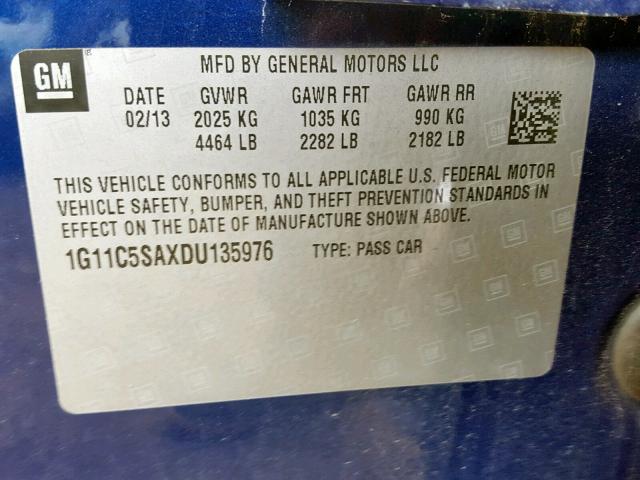 1G11C5SAXDU135976 - 2013 CHEVROLET MALIBU 1LT BLUE photo 10