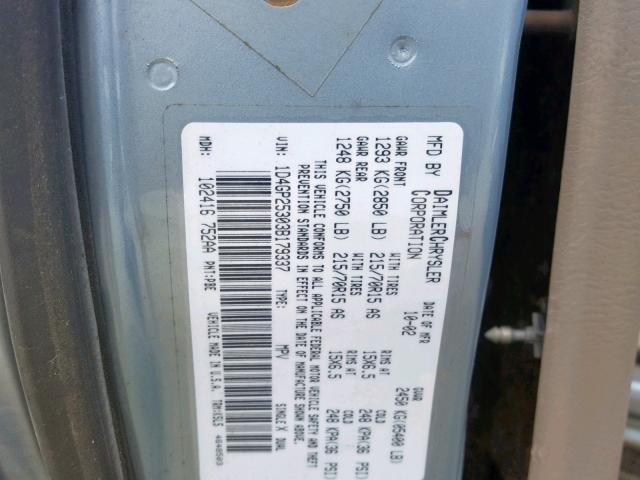 1D4GP25303B179337 - 2003 DODGE CARAVAN SE BLUE photo 10