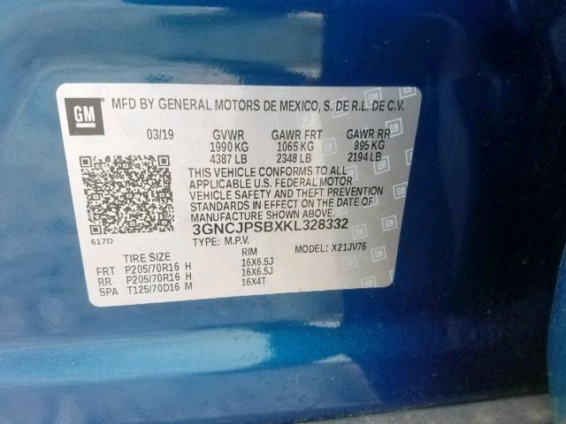 3GNCJPSBXKL328332 - 2019 CHEVROLET TRAX 1LT BLUE photo 10