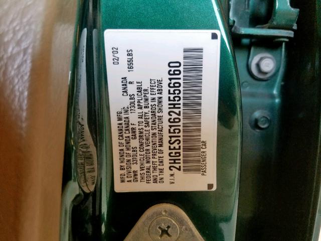 2HGES15162H556160 - 2002 HONDA CIVIC DX GREEN photo 10