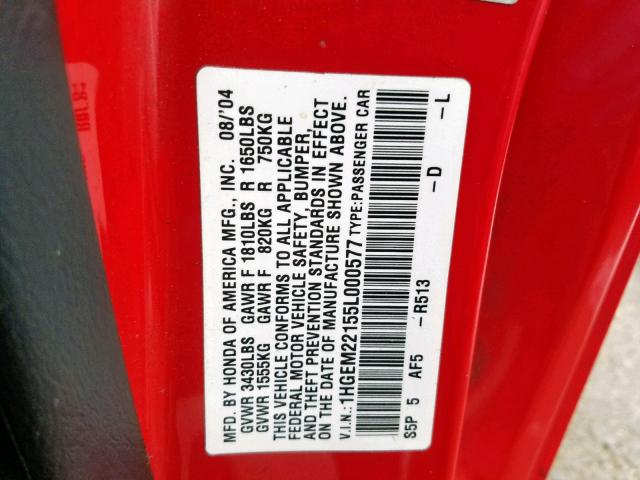 1HGEM22155L000577 - 2005 HONDA CIVIC DX V RED photo 10