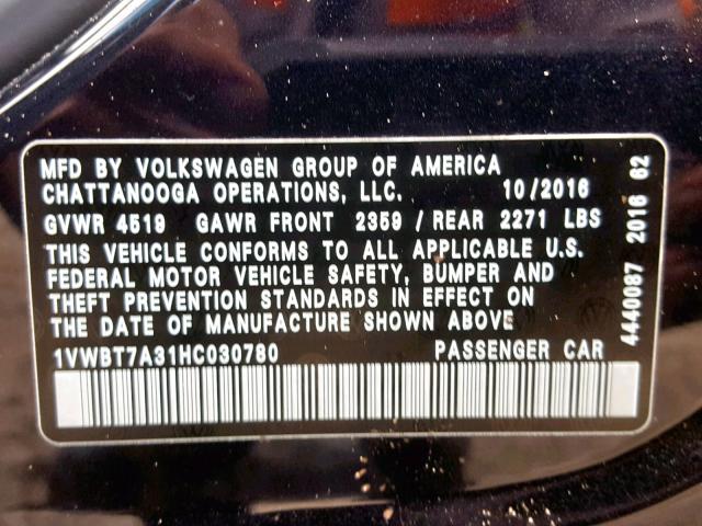 1VWBT7A31HC030780 - 2017 VOLKSWAGEN PASSAT SE BLACK photo 10