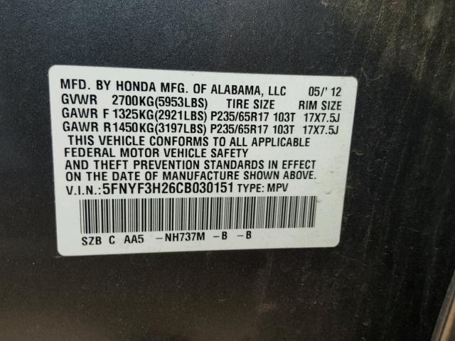 5FNYF3H26CB030151 - 2012 HONDA PILOT LX GRAY photo 10