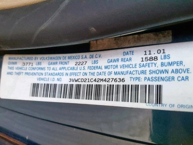 3VWCD21C42M427636 - 2002 VOLKSWAGEN NEW BEETLE ტალღისფერი ფოტო 10