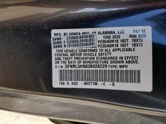 5FNRL5H98DB028229 - 2013 HONDA ODYSSEY TO GRAY photo 10