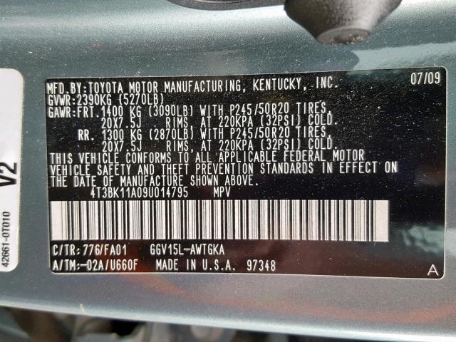 4T3BK11A09U014795 - 2009 TOYOTA VENZA  photo 10