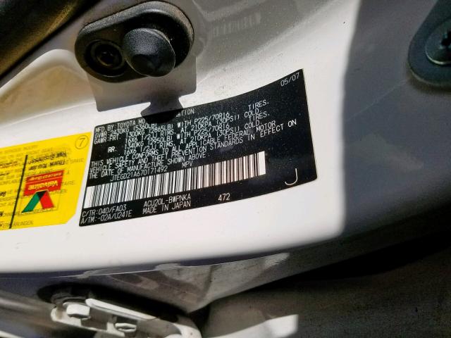 JTEGD21A670171492 - 2007 TOYOTA HIGHLANDER WHITE photo 10