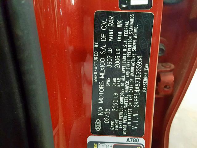 3KPFL4A87JE235954 - 2018 KIA FORTE EX RED photo 10