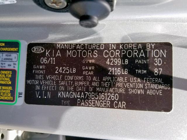 KNAGN4A79B5161260 - 2011 KIA OPTIMA EX SILVER photo 10