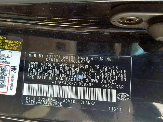 4T1BE46K77U058907 - 2007 TOYOTA CAMRY NEW BLACK photo 10