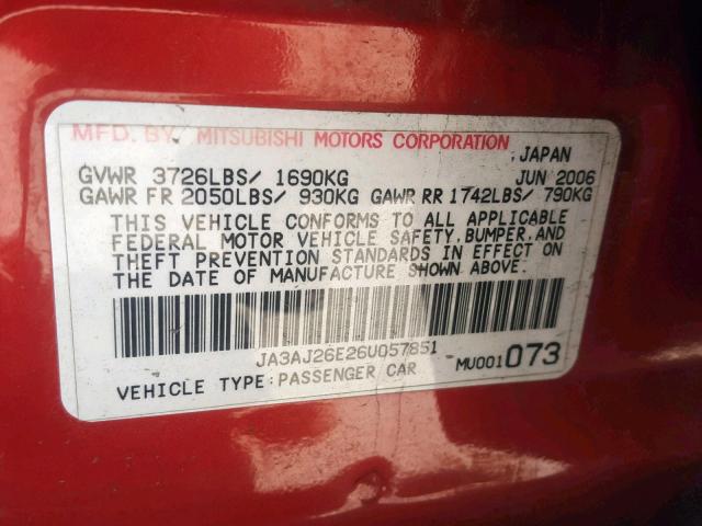 JA3AJ26E26U057851 - 2006 MITSUBISHI LANCER ES RED photo 10