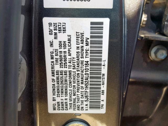 5J6TF1H52AL010184 - 2010 HONDA ACCORD CRO GRAY photo 10