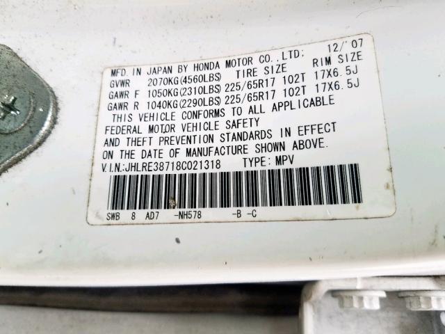 JHLRE38718C021318 - 2008 HONDA CR-V EXL WHITE photo 10