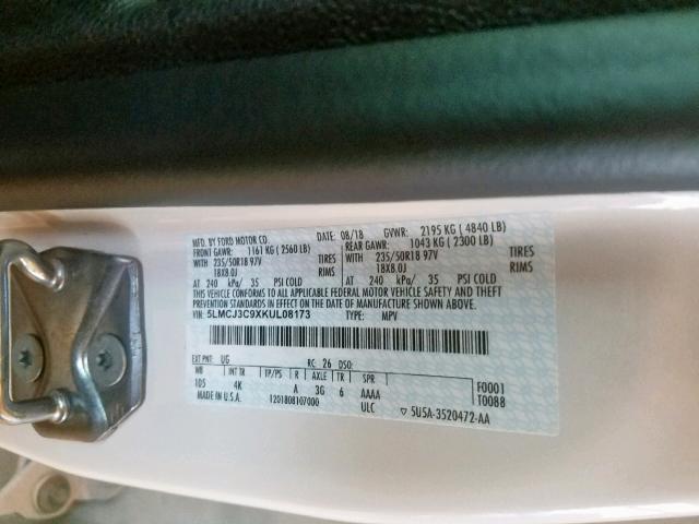 5LMCJ3C9XKUL08173 - 2019 LINCOLN MKC RESERV WHITE photo 10