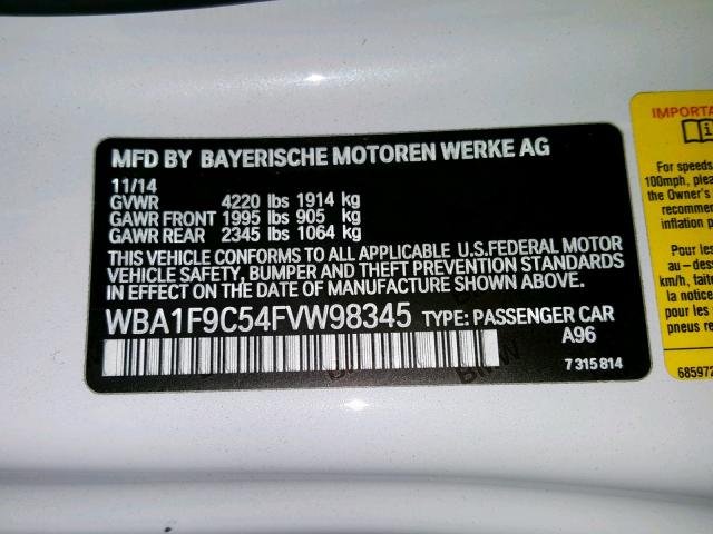 WBA1F9C54FVW98345 - 2015 BMW 228 I WHITE photo 10