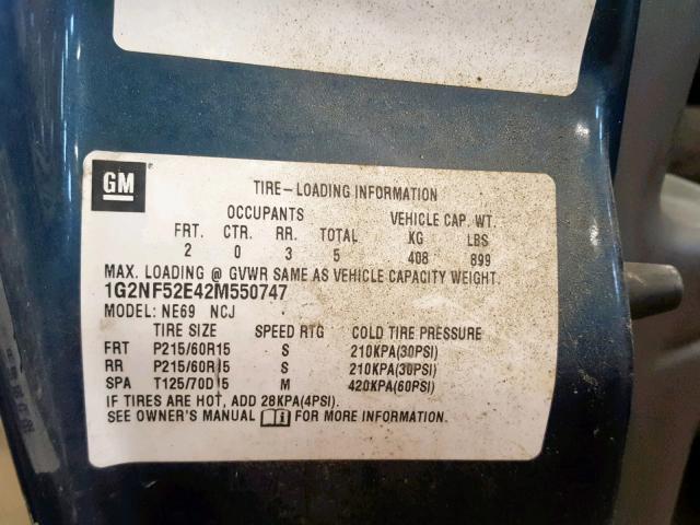 1G2NF52E42M550747 - 2002 PONTIAC GRAND AM S TEAL photo 10