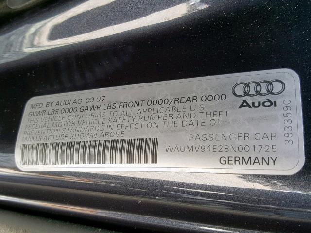 WAUMV94E28N001725 - 2008 AUDI A8 L QUATT GRAY photo 10