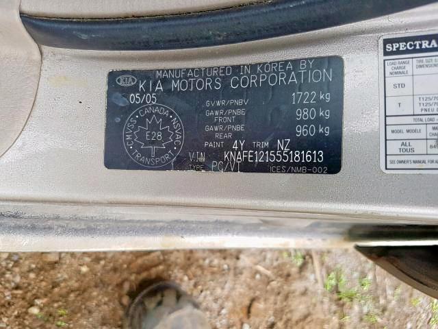 KNAFE121555181613 - 2005 KIA SPECTRA LX BEIGE photo 9