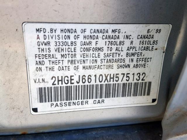 2HGEJ6610XH575132 - 1999 HONDA CIVIC BASE SILVER photo 10