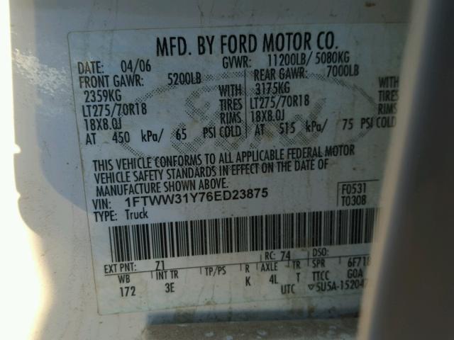 1FTWW31Y76ED23875 - 2006 FORD F350 SRW S WHITE photo 10