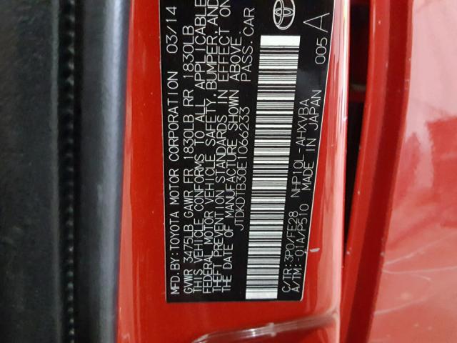 JTDKDTB30E1066233 - 2014 TOYOTA PRIUS C RED photo 10