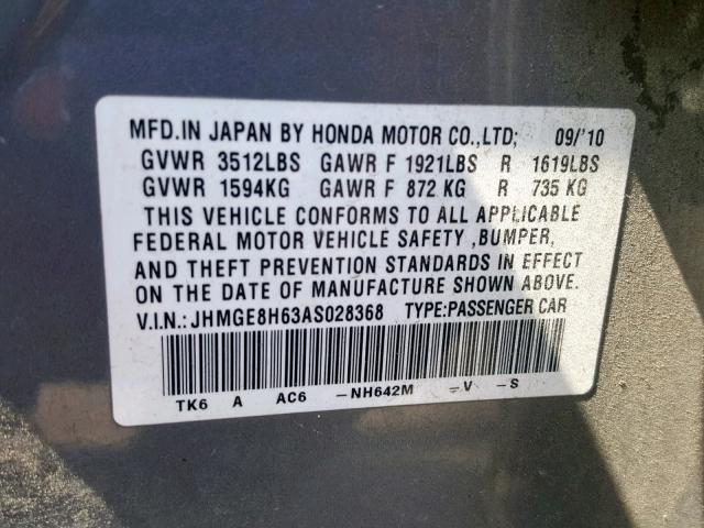 JHMGE8H63AS028368 - 2010 HONDA FIT SPORT SILVER photo 10