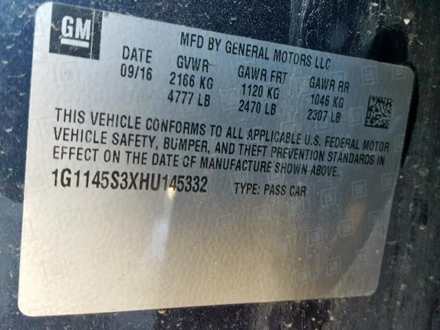 1G1145S3XHU145332 - 2017 CHEVROLET IMPALA PRE BLUE photo 10