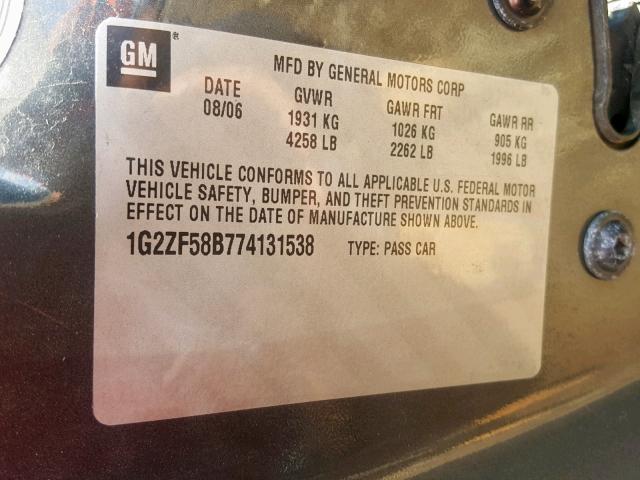 1G2ZF58B774131538 - 2007 PONTIAC G6 VALUE L GRAY photo 10