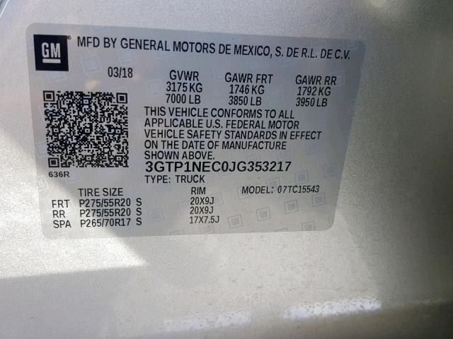 3GTP1NEC0JG353217 - 2018 GMC SIERRA C15 SILVER photo 10