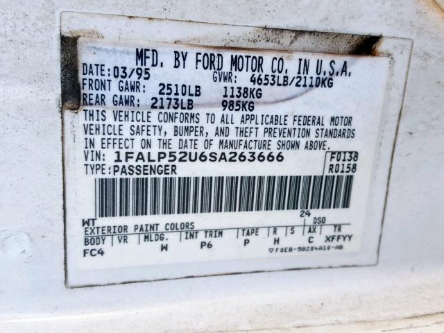 1FALP52U6SA263666 - 1995 FORD TAURUS GL WHITE photo 10