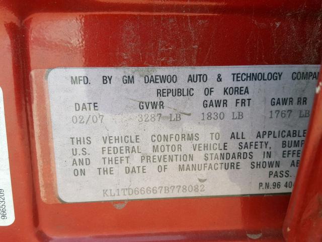 KL1TD66667B778082 - 2007 CHEVROLET AVEO BASE Қызыл фото 10