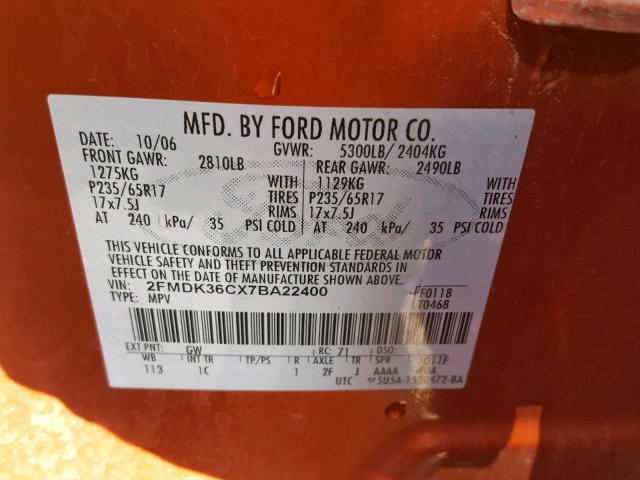 2FMDK36CX7BA22400 - 2007 FORD EDGE SE ORANGE photo 10