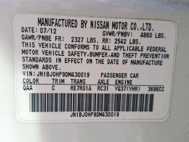 JN1BJ0HP9DM430019 - 2013 INFINITI EX37 BASE WHITE photo 10