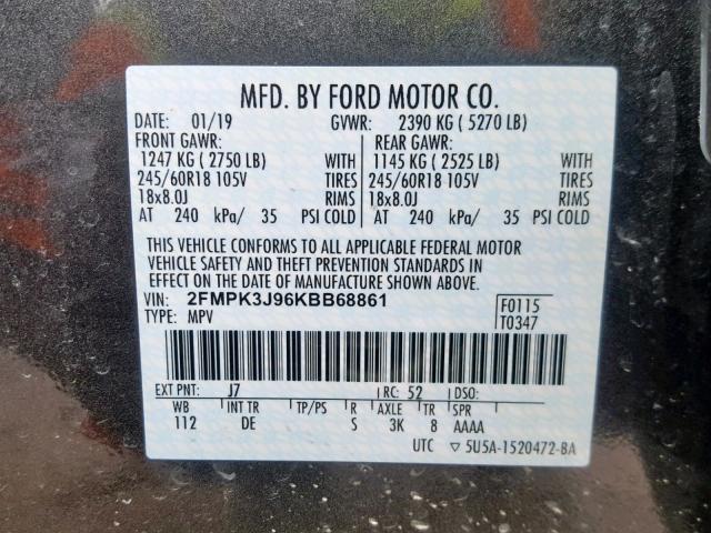 2FMPK3J96KBB68861 - 2019 FORD EDGE SEL GRAY photo 10