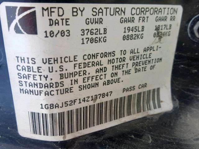 1G8AJ52F14Z137847 - 2004 SATURN ION LEVEL GREEN photo 10