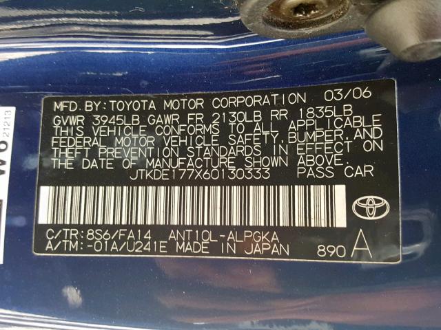 JTKDE177X60130333 - 2006 TOYOTA SCION TC ლურჯი ფოტო 10