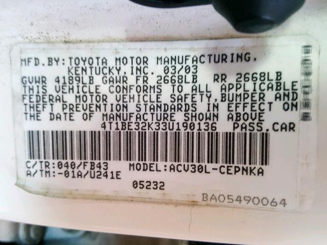 4T1BE32K33U190136 - 2003 TOYOTA CAMRY LE WHITE photo 10