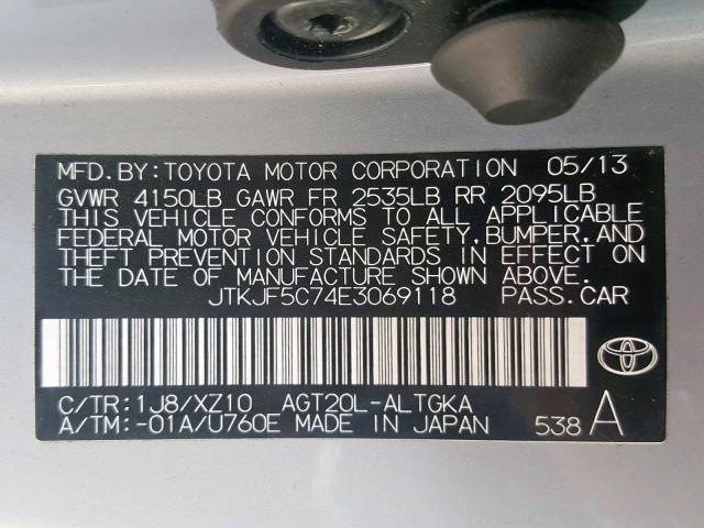 JTKJF5C74E3069118 - 2014 TOYOTA SCION TC ვერცხლისფერი ფოტო 10