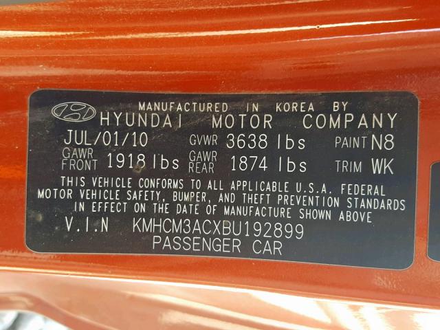 KMHCM3ACXBU192899 - 2011 HYUNDAI ACCENT GL ORANGE photo 10