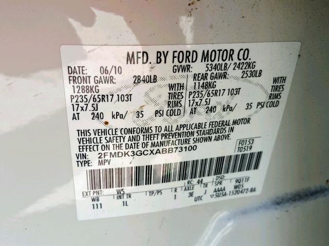 2FMDK3GCXABB73100 - 2010 FORD EDGE SE WHITE photo 10