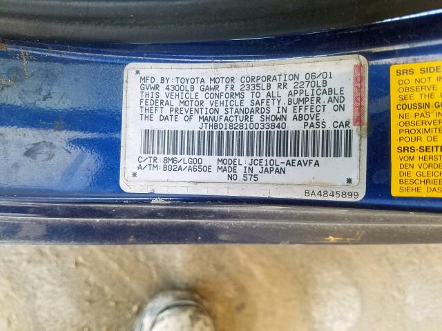 JTHBD182810033840 - 2001 LEXUS IS 300 BLUE photo 10