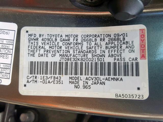 JTDBE32K820021501 - 2002 TOYOTA CAMRY LE GRAY photo 10