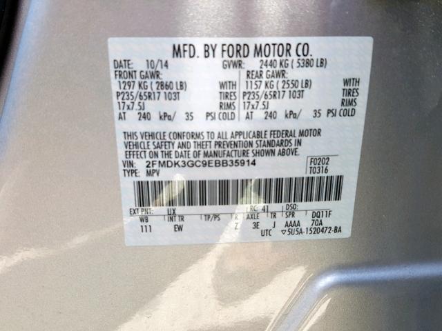 2FMDK3GC9EBB35914 - 2014 FORD EDGE SE SILVER photo 10