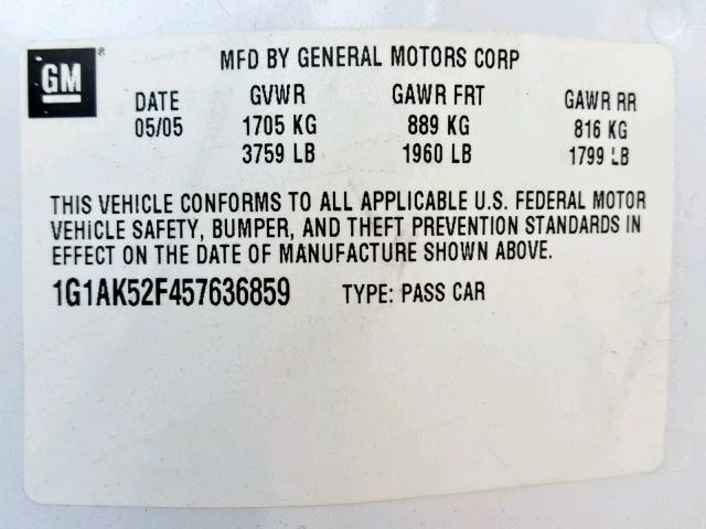 1G1AK52F457636859 - 2005 CHEVROLET COBALT WHITE photo 10